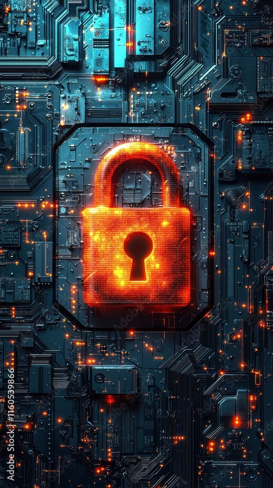 Poster a glowing digital padlock symbolizing cybersecurity on a circuit board background.