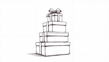 Black and white line drawing of a stack of four wrapped gifts with a bow on top