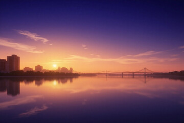 Serene urban landscape at sunset with water and sky