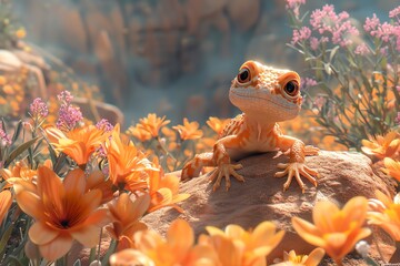 Cute gecko in orange flowers.