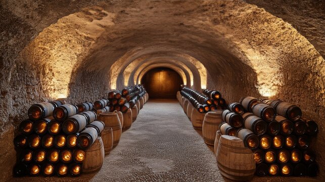 Elegant wine cellar with wooden shelves showcasing a variety of wine bottles and spirits - Powered by Adobe
