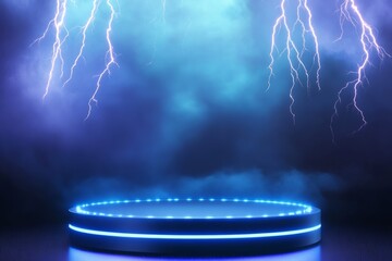 podium with LED lights on the edges, on a blue background 