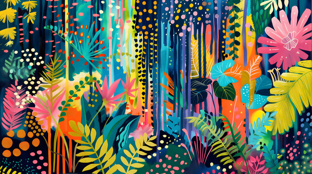 Whimsical abstract jungle rainforest wall art with palms, monstera leaves, and vibrant neon colors in a maximalist artistic style