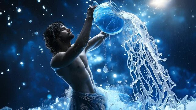 An artistic representation of the Aquarius zodiac sign, featuring a man carrying a large water jug. The man is depicted with strong, graceful features, symbolizing the Water Bearer