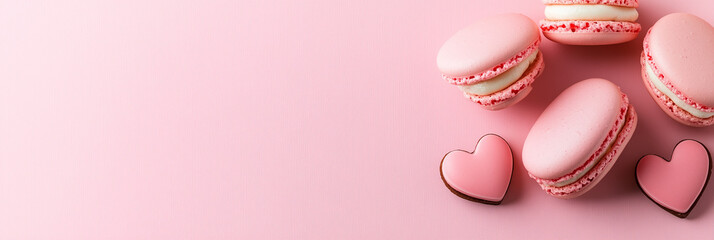 Fototapeta premium Valentine's Day Banner with Pink Macarons and Heart-Shaped Cookies on Pink Background, Minimalist Design