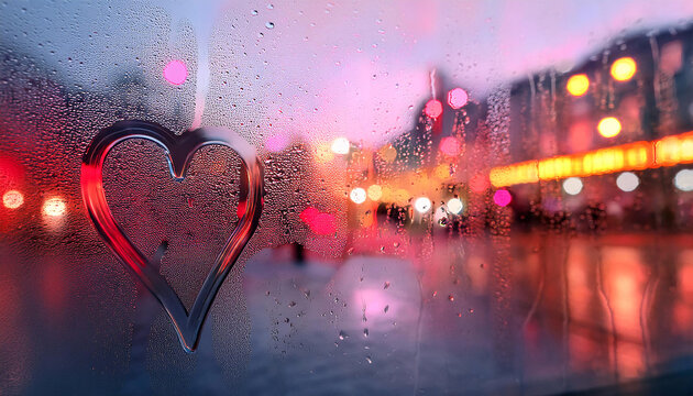 Soft raindrops cling to a misty caf&eacute; window where a heart shape stands out, creating an intimate backdrop perfect for love and romance