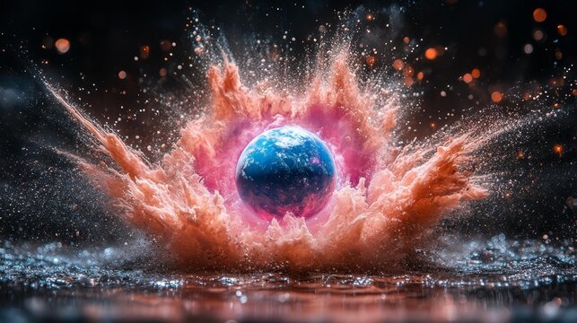 Exploding Starburst with Earth-Like Planet in Vibrant Colors. Generative AI