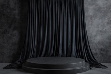 a black podium with a black fabric curtain in the background
