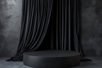 a black podium with a black fabric curtain in the background