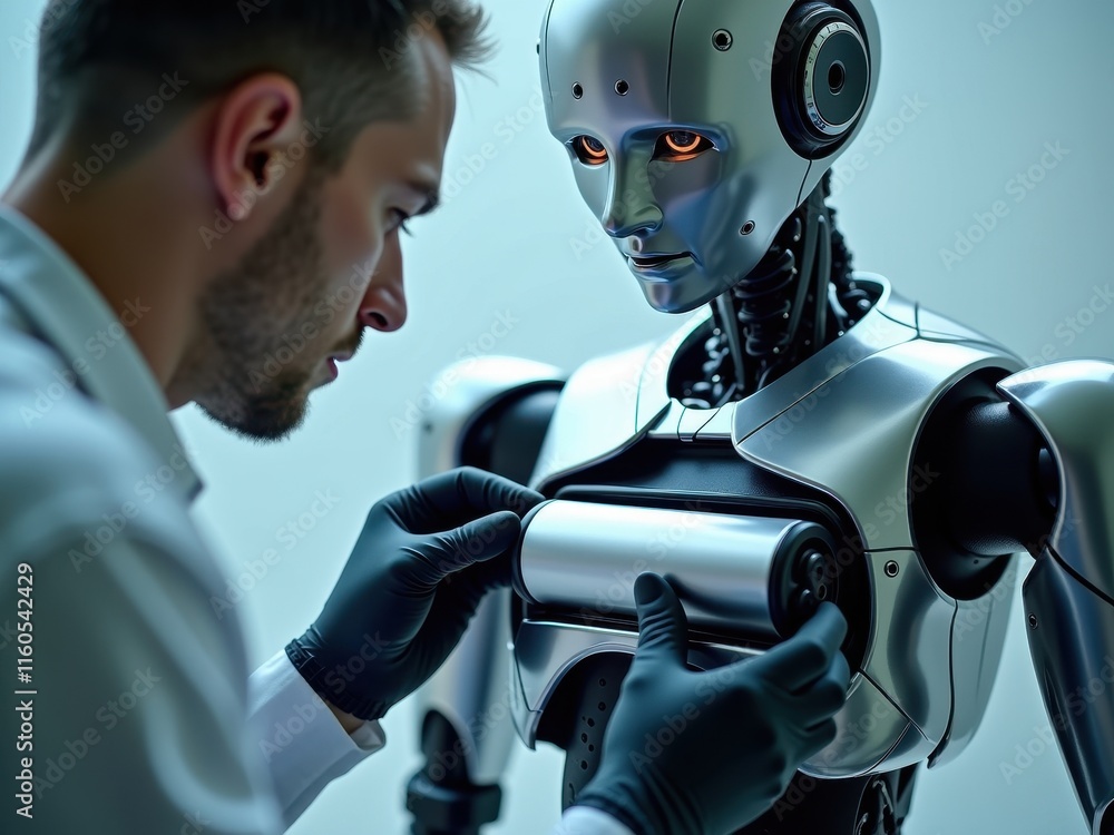 Poster technician installs solid-state battery into humanoid robot during innovative technology demonstrati