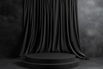 a black podium with a black fabric curtain in the background