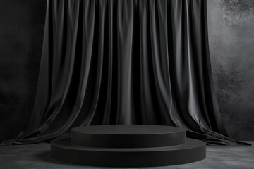 a black podium with a black fabric curtain in the background