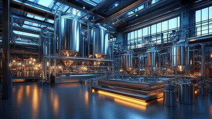 Fototapeta premium Modern brewery interior with stainless steel tanks. Illustrates craft beer production and industrial design.