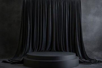 a black podium with a black fabric curtain in the background