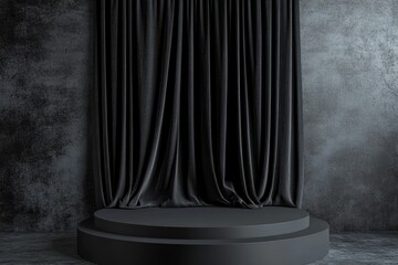 a black podium with a black fabric curtain in the background