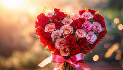 A stunning heart-shaped bouquet of red and soft pink roses beautifully tied with a ribbon captures the spirit of affection and partnership. Perfect for a romantic gift in February
