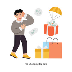 Free Shopping Big Sale  concept vector illustration. Shopping and Sale isolated On white Background.            