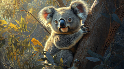 Obraz premium Portrait of a koala peacefully clinging to a eucalyptus tree in the Australian bush