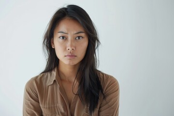 Obraz premium Sad Asian office girl upset against white background.