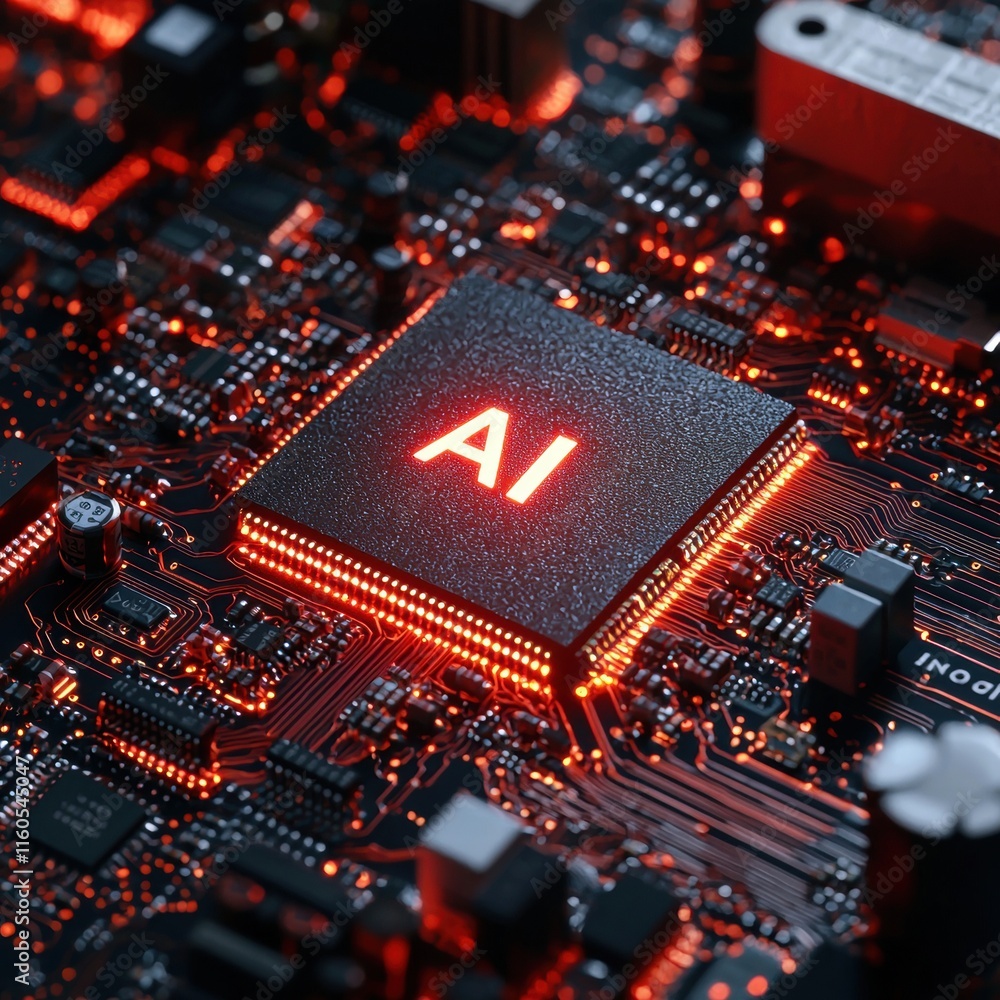 Aufkleber close-up of a circuit board featuring an illuminated ai chip, showcasing technology.