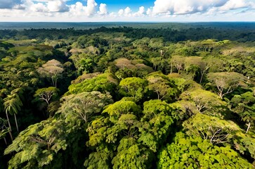 Fototapeta premium Breathtaking aerial perspective of a verdant forest, its intricate tapestry of green hues stretching as far as the eye can see.