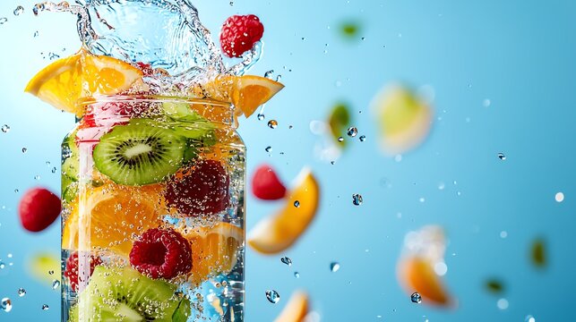 Fruitinfused water bottles with a Hawaiian beachscape, tropical wellness beverages, hydrating paradise