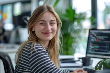 Successful female programmer in office  smiling and satisfied with achievements.