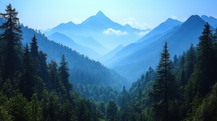 Fototapeta premium A serene mountain landscape with misty peaks and lush forests.