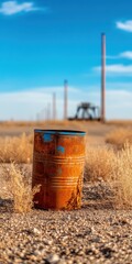 Obraz premium An old oil barrel left to rust near a serene, overgrown landscape under a clear blue sky.