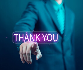 Businessman using laptop and showing thank you message. Concept of congratulation, appreciation, presentation from digital technology. Thank you in business and gratitude.