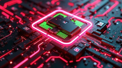 Fototapeta premium Futuristic Circuit Board with Neon Green and Red Electric Traces