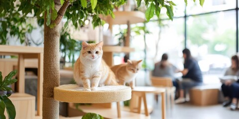 Cat cafe concept. Two orange cats relax in a cozy, modern café with lush plants and people enjoying their time in the background.