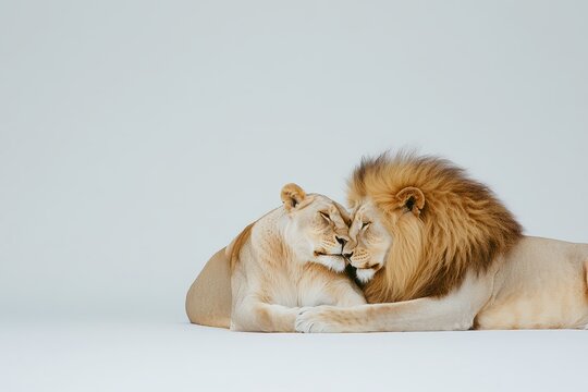 A lion and lioness nuzzle affectionately against a neutral background.