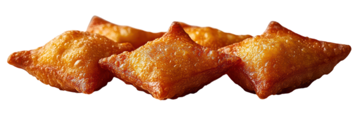 Fried dumplings elegantly displayed, minimalistic design, clean white backdrop, culinary art, inviting and appetizing presentation