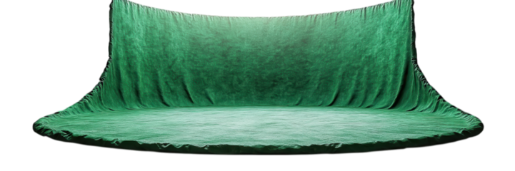 Portable green screen, circular design, wrinkle-free fabric, suspended elegantly, set against a clean white background, versatile for various uses