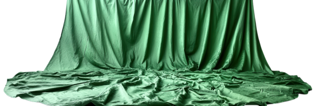 Portable green screen, circular design, wrinkle-free fabric, suspended against a clean white background, ideal for versatile video production settings