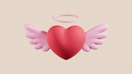 A 3D rendered image of a heart with pink wings and a halo, symbolizing love and angelic purity.