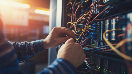 Technician in modern office maintaining network server, surrounded by cables and routers, showcasing focus and professionalism in IT infrastructure management.