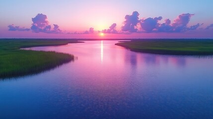 A serene sunset over a winding river, reflecting vibrant colors in a tranquil landscape.