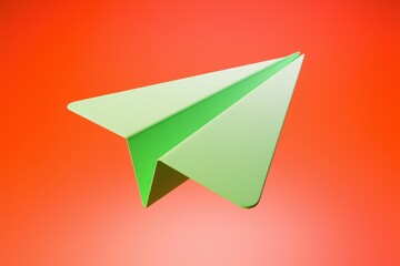 A light green paper airplane soars against a vibrant coral backdrop.