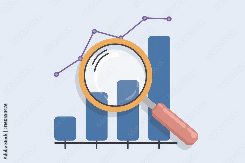 Poster Magnifying glass examining a bar graph showing upward trend, representing data analysis and growth.