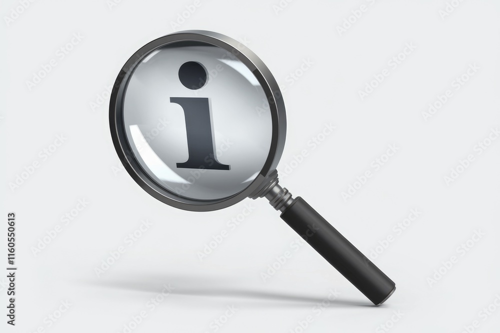 Poster magnifying glass focuses on a large 'i' symbol, representing information and details.
