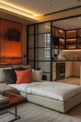 Photographie intérieure d’un studio étudiant compact avec cloison coulissante, kitchenette moderne et élégante, pour un design fonctionnel