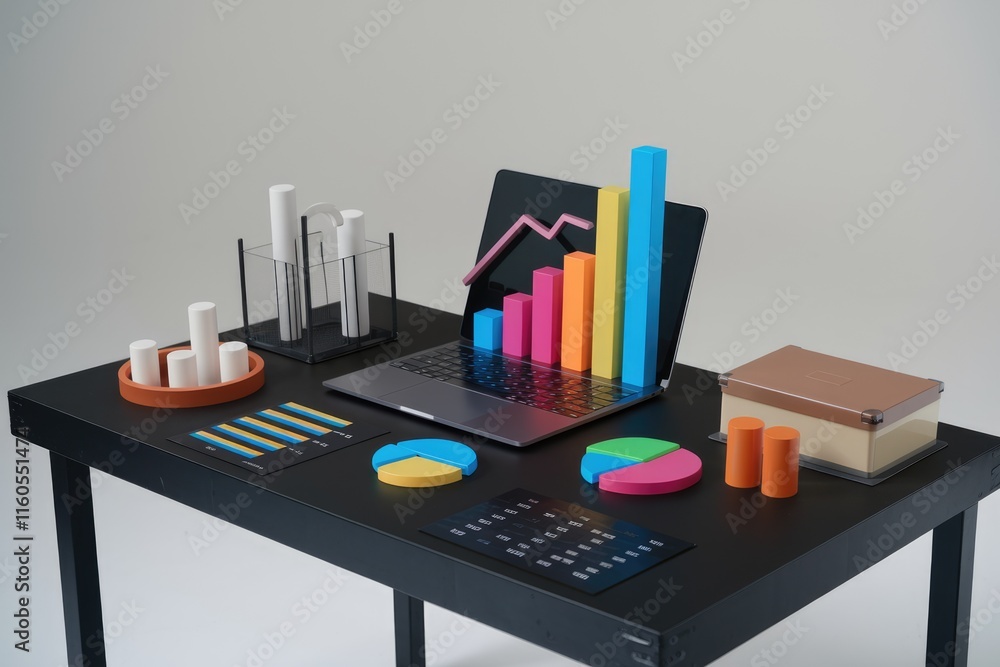 Aufkleber A laptop displays a bar graph alongside various colorful charts and 3D models on a dark desk, representing data analysis and business visualization.