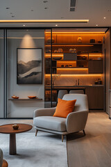 Photographie intérieure d’un studio étudiant compact avec cloison coulissante, kitchenette moderne et élégante, pour un design fonctionnel
