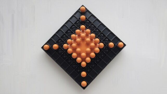 A black and orange peg solitaire game board with pegs arranged in a diamond pattern.