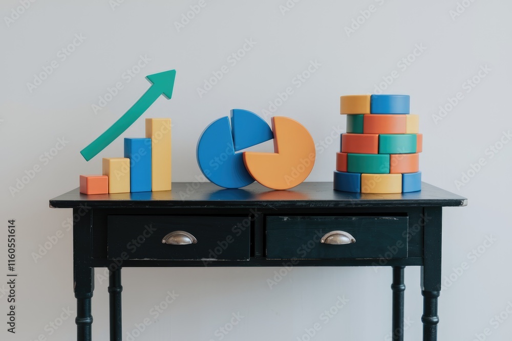Poster colorful blocks represent growth charts, pie charts, and stacked data, symbolizing business progress