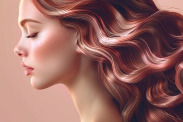 Naklejka premium Beautiful woman in profile with long and shiny wavy hair . Beauty model girl with curly hairstyle .