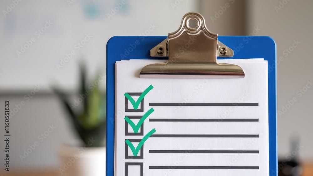 Poster A blue clipboard displays a checklist with several items marked complete, signifying task completion or progress.