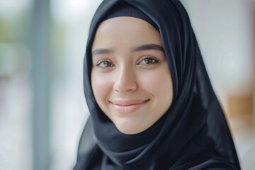 Naklejka premium Smiling Arabian girl in black hijab on light background